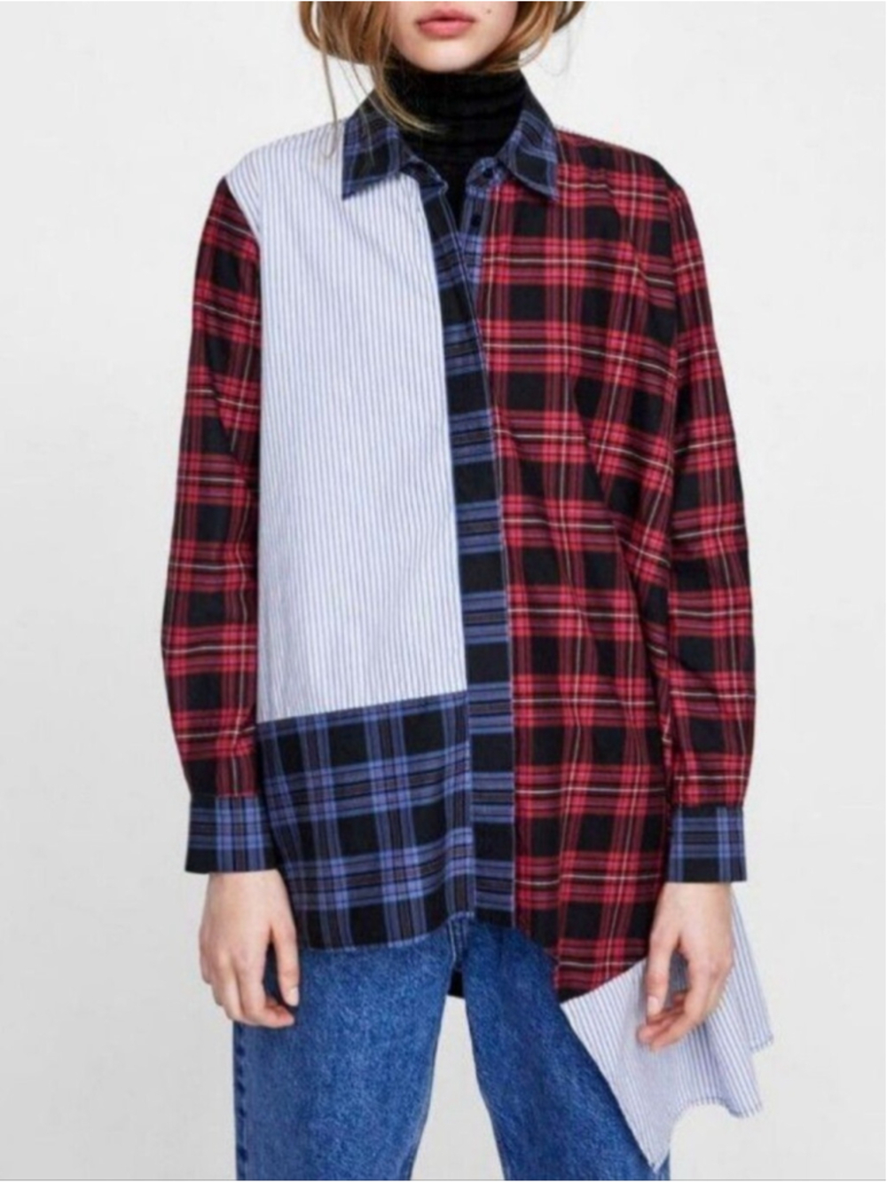Zara 100% Cotton Patchwork Button Down Asymmetrical Hem Size M Grunge